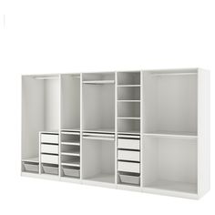 a white bookcase with drawers and bins on it's sides, against a white background