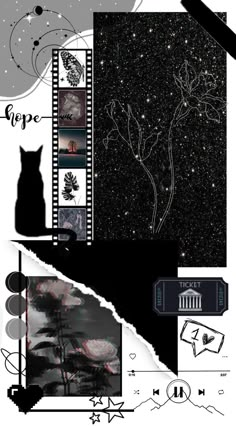 a collage of black and white images with stars, trees, and other things