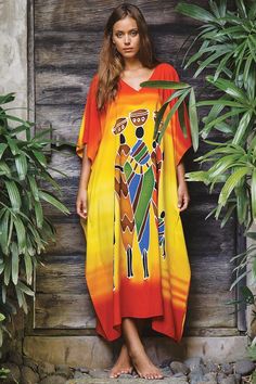 Enjoy your style even more. This long kaftan dress is great to wear out and make a statement of your own style. Comfortable and lightweight, this tribal dress is perfect for lunch dates, beach vacations, and parties. Feel comfortable and fashionable. length 49.5” width is 41” Hand-painted Tribal Design Made from 100% soft rayon Hand wash in cold water, hang to dry Summer V-neck Maxi Dress With Batik Print, Multicolor Relaxed Fit Maxi Dress For Summer, Bohemian Printed Kaftan For Beach Season, Summer Bohemian Printed Kaftan, V-neck Batik Print Beach Dress, Summer Boho Print Maxi Length Kaftan, Summer Maxi Length Boho Print Kaftan, Bohemian Oversized Maxi Dress For Vacation, Oversized Bohemian Maxi Dress For Vacation