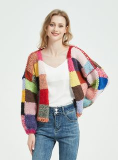 "Elegant mohair cardigan gives you dream looking! This mohair sweater features: * color block - multi-color cardigan * Soft 32% Kid Mohair/28% Merino wool/ 40% Nylon blended yarn. * Puffy sleeves SIZE: S(US 0-4) M(US 6-8)L (US 10-12) XL (US 14-16） S/ M: * Width: 25 1/2\" (65cm) - side to side * Length: 21\" (53cm) L/XL: * Width: 27 1/2\" (70 cm) - side to side * Length: 23\" (58cm) If you want it in different size and length, please convo me or leave the note and your height and chest details wh Color Block Cardigan For Winter, Multicolor Patchwork Sweater For Layering, Multicolor Acrylic Cardigan For Fall, Colorful Fall Cardigan, Multicolor Acrylic Outerwear For Layering, Multicolor Acrylic Cardigan For Spring, Multicolor Acrylic Cardigan For Winter, Multicolor Acrylic Outerwear With Color Block, Trendy Multicolor Knitted Cardigan