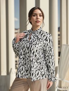 Lasaky - Womens Plus Size Casual Shirt: Bow Tie Mock Neck Color Block Striped Print Flowy Blouse Mock Neck Blouse, Neck Bow, Flowy Blouse, H Style, Tie Neck, Batwing Sleeve, Casual Shirt, Plus Size Casual, Olivia Mark