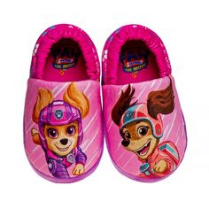 a pair of pink slippers with paw patrol characters on the front and back sides