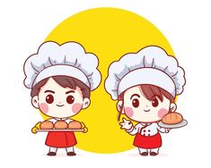 two children in chef hats holding food