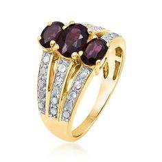 Ross-Simons - 2.50ct t. w. Rhodolite Garnet Three-Row Ring, Diamond Accents Over Sterling. Size 8. With this impressive ring, you can live out your dreams of dressing like royalty without having to reach too far into your wallet! The three-row design is bejeweled with rich 2.50 ct. t. w. oval rhodolite garnet gems and diamond accents, with a shiny dotted design in white rhodium adorning each band. Crafted in 18kt yellow gold over sterling silver. 1/2" wide. Rhodolite garnet three-row ring. Dotted Design, Garnet Gem, Ring With Diamond, Rhodolite Garnet, Ring Diamond, Garnet, The Row, Royalty, Fine Jewelry