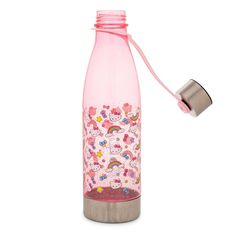 a pink water bottle with hello kitty on it