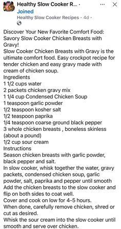 Chicken Breast Slow Cooker, Chicken Gravy, Favorite Comfort Food, Whole Chicken, Ultimate Comfort Food, Cream Of Chicken