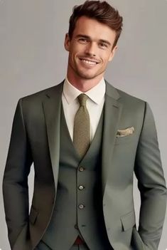 Olive Green Men's Stylish Three Piece Suit | eBay Mens 3 Piece Suits Wedding Groom Attire, Olive Tuxedo For Men, Wedding Suits Groom Emerald Green, Green Men’s Wedding Suit, Olive Green Mens Suit Wedding, Groom Suits Green, Olive And Sage Wedding, Unique Groom Attire Vintage, Olive Groom Suit