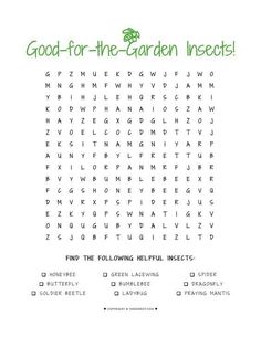 the garden insect word search is shown in green and white letters, with an image of a