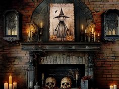 a fireplace with candles and skulls on it in front of an old brick wall decorated for halloween