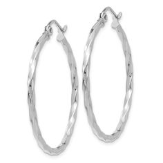 Rhodium over 14k white gold twisted polished hoop earrings. Measure approximately 1"L x 1/16"W and have wire and clutch closure. Modern Twisted Jewelry With Polished Finish, Modern Twisted Jewelry For Anniversary, Hypoallergenic Small Hoop Jewelry With A Modern Twist, White Gold Hoop Jewelry, Twisted Modern Jewelry, Tarnish Resistant Twisted Jewelry, Small Hoop Sterling Silver Jewelry With Diamond Cut, Silver Hoop Jewelry With Diamond Cut, Modern Twisted Sterling Silver Jewelry