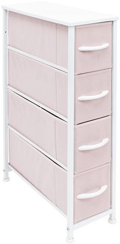 a white and pink dresser with drawers on it's sides, against a white background