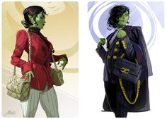 two pictures of women dressed in costumes and holding purses, one with green hair