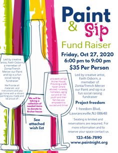 a poster for paint and sip fundraiser with two wine glasses in front of the bottle