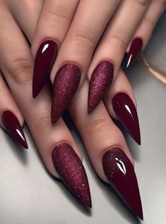 % Fall Deep Red Nails, Maroon Nails With Rhinestones, Thanksgiving Stilleto Nails, Wine Colored Nails Acrylic, Stilleto Winter Nail Design, Burgundy Ballerina Nails, Cranberry Acrylic Nails, Wine Berry Nails, November Stiletto Nails