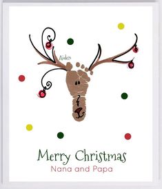 a christmas card with an image of a reindeer's head and the words merry christmas nana and papa