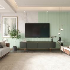 a large flat screen tv mounted to the side of a wall in a living room