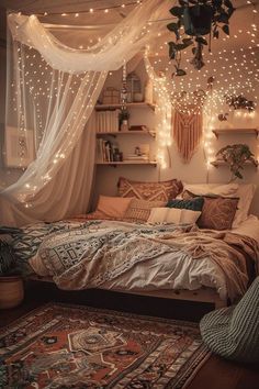 a bed with lights hanging from the ceiling and curtains over it, in front of a window