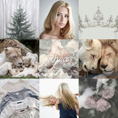 a collage of photos with the words rhea and images of lions, roses, sweaters