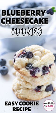 4 stacked cookies are filled with blueberries. Lemon Blueberry Cheesecake Cookies, After School Snacks For Kids, Blueberry Cheesecake Cookies, Blueberry Cookies Recipes, Lemon Blueberry Cookies, Blueberry Cake Mix, Cheesecake Cookies Recipes, Blueberry Desserts Recipes, Berry Cookies