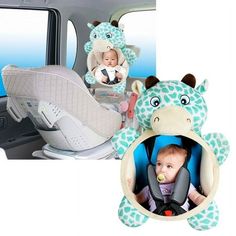 a baby in a car seat next to a stuffed animal and an infant's head