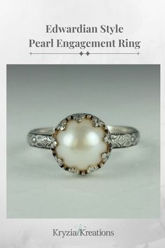 Antique Style Pearl Ring in Sterling Silver Wedding Diamond Milgrain Jewelry, Wedding Diamond Jewelry With Milgrain, Milgrain Diamond Wedding Jewelry, Elegant Wedding Jewelry With Milgrain Detail, Classic Pearl Ring For Anniversary, Elegant White Filigree Wedding Ring, Classic Wedding Pearl Ring, Classic Pearl Ring For Wedding, White Vintage Wedding Ring With Halo Setting