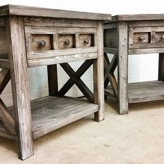 two wooden tables sitting side by side in a room