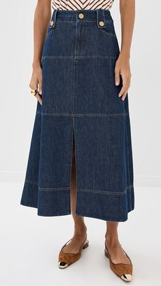 Tanya Taylor Hudie Skirt | Shopbop Tanya Taylor, Glamour Fashion, Fall Looks, Indigo Blue, Stretch Denim, Womens Bottoms, New Arrivals, Top Brands, Luxury Fashion