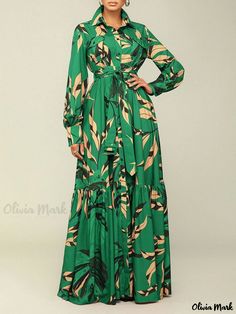 Olivia Mark - Fashionable Tie-Detailed Collar Long Sleeve Shirt Dress Long Maxi Dress Long Dresses Elegant, African Maxi Dresses, Maxi Shirts, Long Sleeve Print Dress, Maxi Shirt Dress, Ruffle Hem Dress, Long Shirt Dress, Maxi Dress Green, Women Maxi