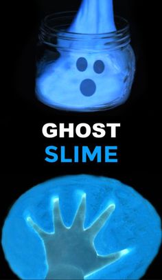 ghost slime in a jar with glow on the bottom and hand coming out from it