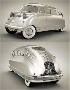 an old silver car is shown in three different angles and the top one has a fan on it