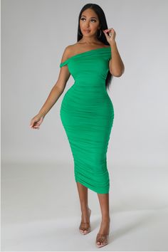 Liesel Dress - Chic by Taj Green Off-shoulder Ruched Bodycon Dress, Green One-shoulder Stretch Mini Dress, Green Stretch Mini Dress With One Shoulder, Fitted Green Off-shoulder Dresses, Green Stretch One-shoulder Mini Dress, Green Sleeveless Bodycon Midi Dress, Sleeveless Green Bodycon Midi Dress, One Shoulder Green Dress For Date Night, Green Stretch One Shoulder Dress For Night Out