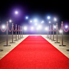 a red carpet is lined up with stance barriers and roped off poles on either side