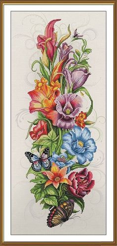 a cross stitch pattern with flowers and butterflies