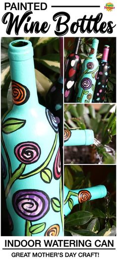 an advertisement for painted wine bottles with images of flowers and leaves on the bottom half