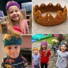 three pictures of children wearing crocheted crowns and headbands in different colors