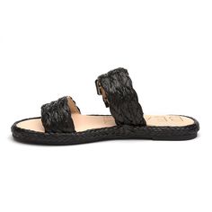 Slip on sandals with a cute, coastal vibe. Synthetic Sandals For Beach Vacation, Adjustable Flat Sandals For Vacation, Trendy Sandals With Woven Sole For Beach Season, Black Straw Sandals For Beach, Casual Synthetic Sandals For Beach, Vacation Black Straw Sandals, Chic Summer Beach Flip Flops, Summer Sandals With Removable Insole For Beach, Trendy Beach Sandals With Buckle Closure