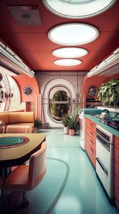 the interior of a futuristic kitchen with orange cabinets and green counter tops, along with potted plants