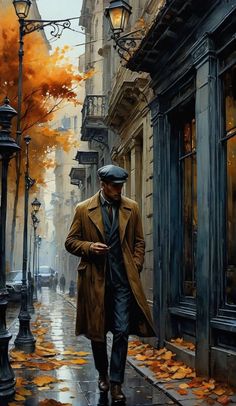 a painting of a man walking down the street