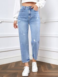 Light Blue Jeans Outfit Women, Mom Fit Jeans, Mom Fit Jeans Outfits, Ripped Mom Jeans Outfit, Blue Mom Jeans Outfit, Shien Mom Jeans, Mom Jeans Light Blue, High Waist Non-stretch Ripped Jeans, Ripped Light Wash Full-length Jeans