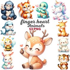 an animal set with different kinds of animals and their names in the form of hearts