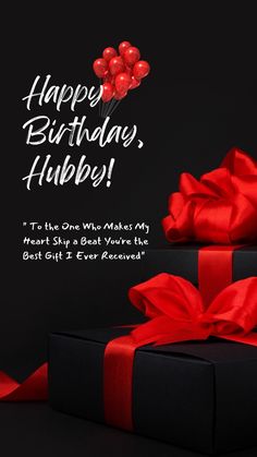 a black gift box with red ribbon and balloons on it that says happy birthday hubby