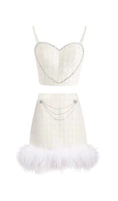 CHANEL'S STYLE WITH FEATHER SHORT SKIRT SUIT IN WHITE Feather White Dress, White Skirt Suit, Dress Reference, Down Suit, Satin Corset Dress, Chanel Skirt, Mode Chanel, Feather Tops, Banquet Dresses