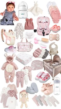 a collage of baby items including shoes, bibs, and hats for babies