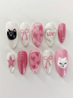 Pink Cat Nails, Cat Nails Design, Cake Nails, Snoopy Nails, Paznokcie Hello Kitty, Cat Nail Art, Korean Nail, Kutek Disney, Kitty Nails