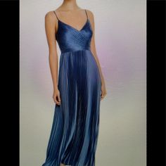 New With Tags Satin Gown Pleated Adjustable Straps Sleeveless Back Zipper (A-37) Blue Cocktail Evening Dress With Pleated Bodice, Blue Pleated Bodice Dress For Prom, Pleated Floor-length Evening Dress For Night Out, Blue Spring Evening Dress With Pleated Bodice, Blue Pleated Bodice Evening Dress For Spring, Blue V-neck Maxi Dress With Pleated Bodice, Blue Maxi Dress With Pleated Bodice For Cocktail, Chic Blue V-neck Gown, Chic Blue Maxi Dress With Pleated Bodice