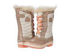 SOREL Kids Tofino II (Little Kid/Big Kid) - Girls Shoes : Fawn/Omega Taupe : The cold-weather play never ends in the SOREL Kids Tofino II boot. Durable, quilted textile upper with waterproof suede leather overlays. Lace-up closure with D-ring eyelets. Hardy, protective rubber shell. Faux fur snow cuff for a touch of added style and warmth. 100 grams of insulation helps lock in warmth. Comfortable textile lining. Textile-covered footbed. Waterproof vulcanized rubber shell. Rubber outsole provides Quilted Winter Boots With Round Toe, Insulated Boots For Snow In Fall, Insulated Snow Boots For Fall, Winter Boots Women Waterproof, Shoe Shopping, Adidas Kids, Girls Shoes Kids, Winter Boots Women, Boots Women