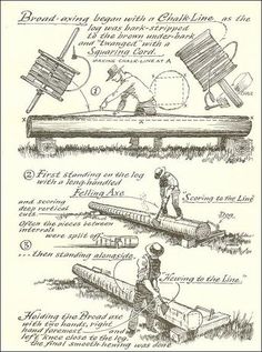 an old drawing shows how to make a bench out of logs and other woodworking tools