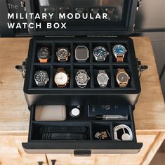 Black Edition Military Modular Watch Box - 10 Slot – Case Elegance Collection Boxes Ideas, Box For Watches, Watch Case For Men, Watch Collection Mens, Men Accessories Man Stuff, Man Gift Ideas, Matte Black Accessories, Men Room, Watch Box For Men