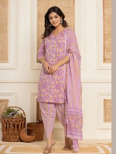 This 3-piece set includes purple & yellow floral print straight shape kurta has round-neck, 3/4th sleeves, straight hem, knee length teamed with printed dhoti pants with elasticated waistband & slip on closure and a dupatta. The model wearing the size small is 5'8 in height. 3 Piece Set Color-Purple & Yellow Suit Fabric- Cotton Dupatta Fabric-Cotton Work - Floral Print detailing Neck - V Neck Sleeves - 3/4th sleeves Length-Knee Length Bottom - Printed Trouser Bottom - Elasticated Waistband & Slip-on Closure Washing Care-Hand Wash The model height 5'8 is wearing a size small Yellow Suit, Dhoti Pants, Cotton Dupatta, Suit Fabric, Womens Size Chart, Yellow Floral, Model Height, Fabric Cotton, Color Purple