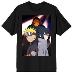 Anime lovers can show off their fandom with this epic Naruto Shippuden inspired graphic tee! This adult men's black t-shirt features a large graphic on the front of Uzumaki, Sasuke, and Tobi in vibrant colors. It's made of high-quality, premium polyester and cotton material, and is professionally printed to ensure long-lasting color and print quality. It can be machine washed in cold water with like colors, and tumble dried on low for easy and convenient care. The Uzumaki, Sasuke, and Tobi Men's Black Anime T-shirt With Crew Neck, Black Anime T-shirt With Front Print, Black Anime Print Tops For Fan Gatherings, Black Anime Graphic Design Tops, Black T-shirt With Anime Print For Pop Culture, Black Fandom T-shirt For Streetwear, Black Casual T-shirt For Fan Events, Casual Black T-shirt For Fan Events, Black Anime Character Print T-shirt